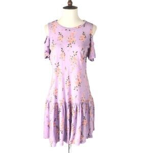 Rebecca Taylor Purple Floral Cold Shoulder Drop Waist Linen Dress Size Small